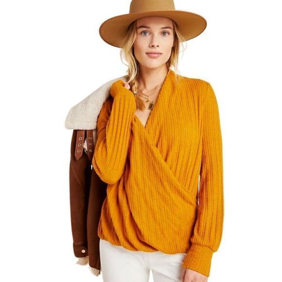 NWOT Anthropologie Maeve Rafaela Hacci Surplice Cable Knit Pumpkin Orange Top - Picture 4 of 11